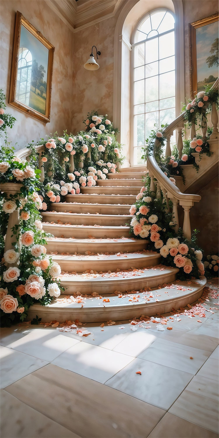 Fotokulisse Frühling Romantische Treppe Florale Eleganz Sweep Hintergrund LXX2-277