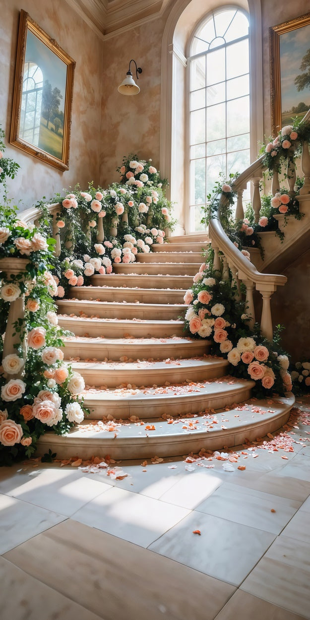 Fotokulisse Frühling Romantische Treppe Florale Eleganz Sweep Hintergrund LXX2-277