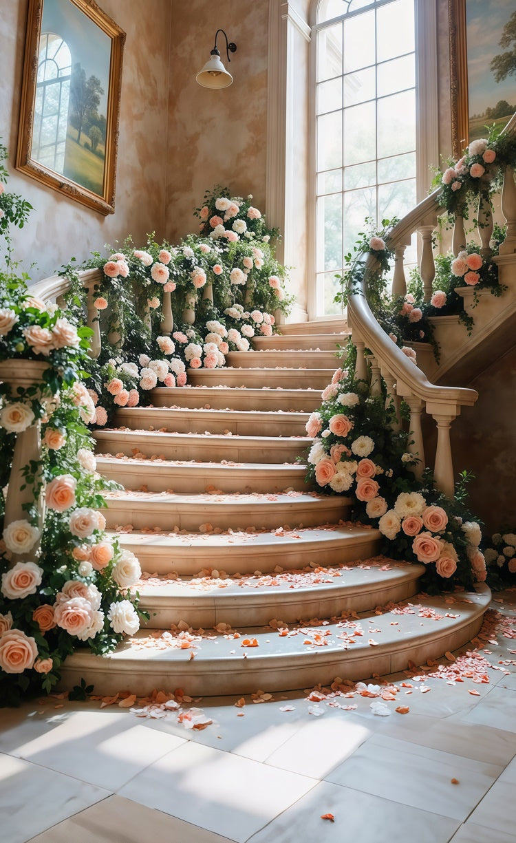 Fotokulisse Frühling Romantische Treppe Florale Eleganz Sweep Hintergrund LXX2-277