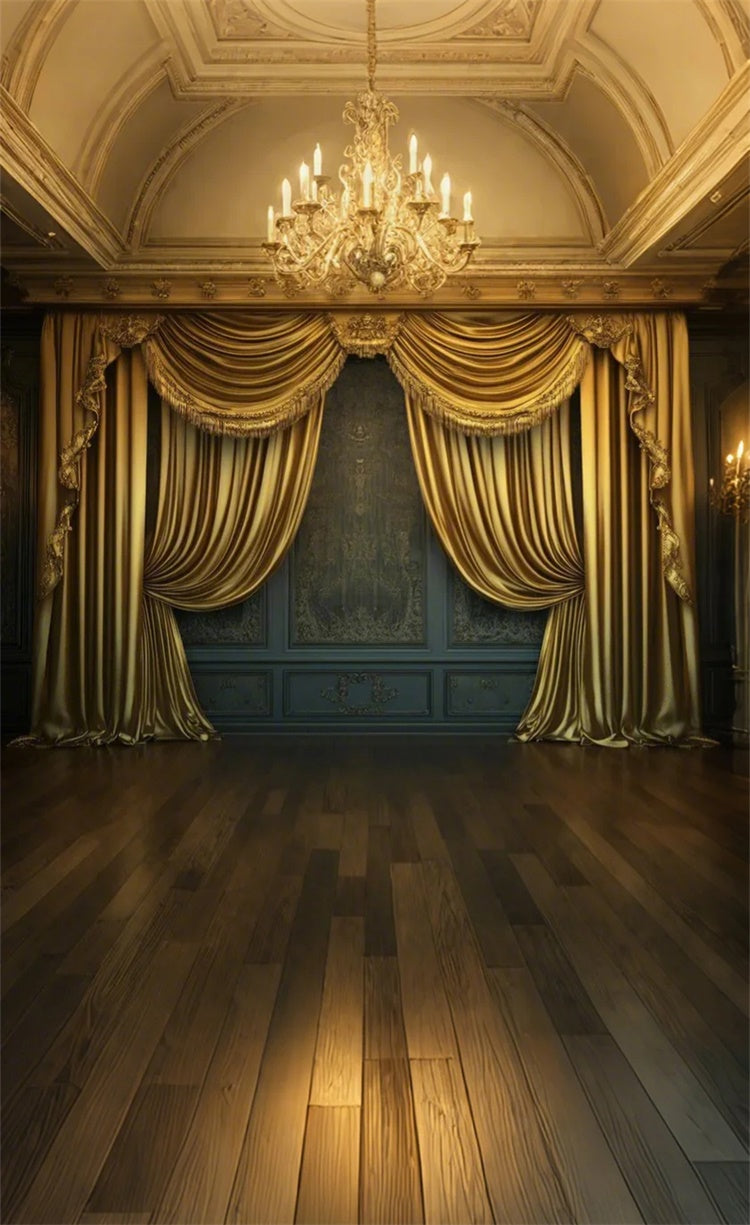 Vintage Wall Backdrop Gold Curtain Crystal Chandelier Sweep Backdrop LXX2-295