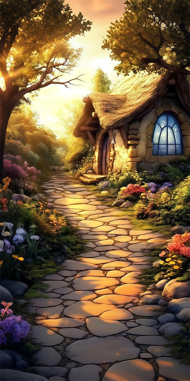 Blumen-Fotohintergrund Verwunschenes Steinhäuschen Gartenweg Sweep-Hintergrund LXX2-305