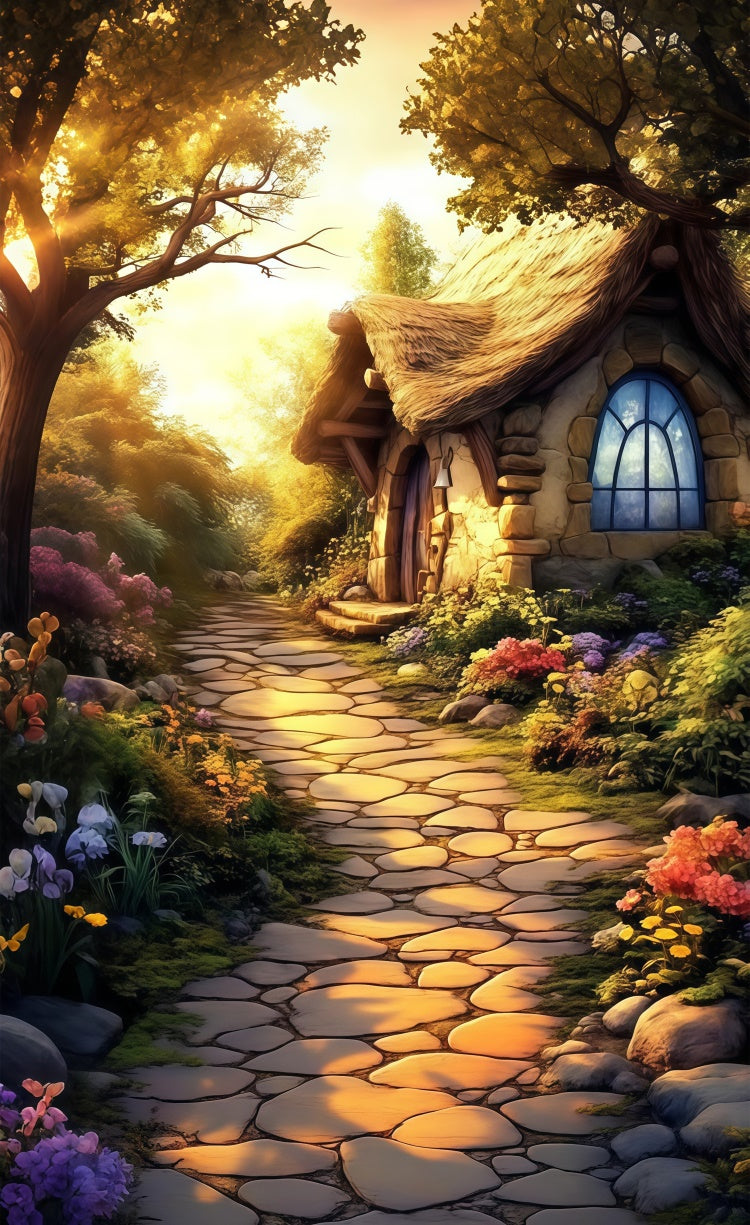 Blumen-Fotohintergrund Verwunschenes Steinhäuschen Gartenweg Sweep-Hintergrund LXX2-305