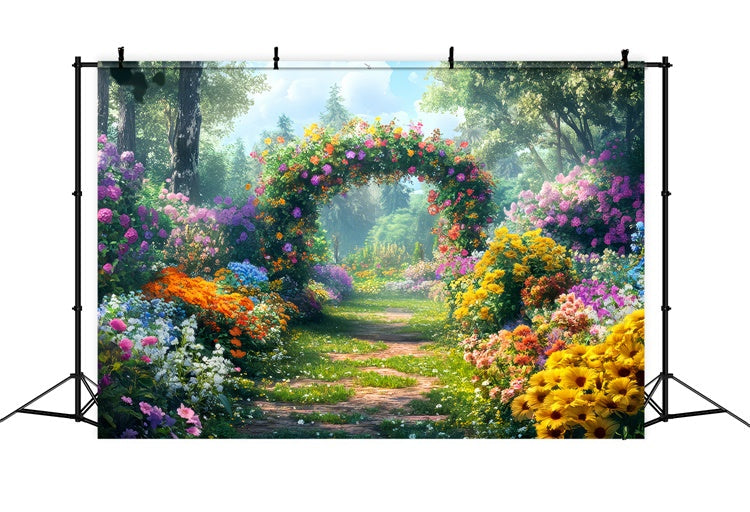 Frühling Fotohintergrund Bunte Blumen Sonnenbeschienener Pfad Hintergrund LXX2-34