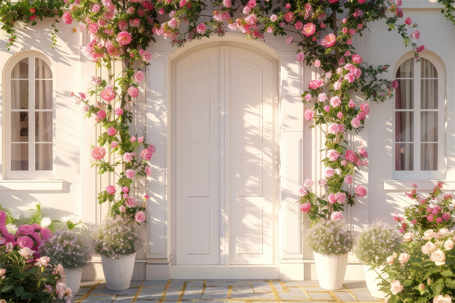 Frühlingsfotografie Hintergrund Rosa Rose Weißer Türbogen Hintergrund LXX2-39