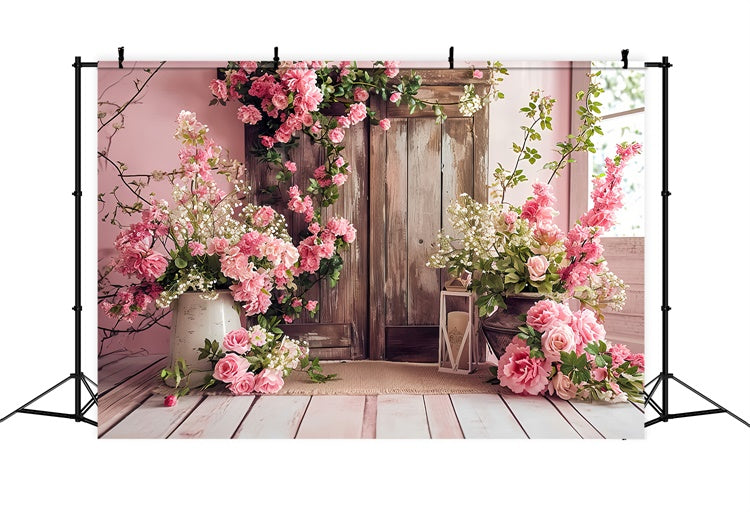 Frühlingshintergrund Vintage Pink Floral Holztür Hintergrund LXX2-46