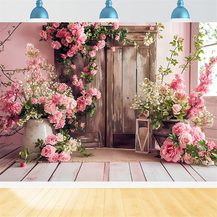 Frühlingshintergrund Vintage Pink Floral Holztür Hintergrund LXX2-46
