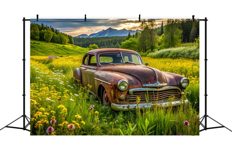Frühling Fotohintergrund Vintage Auto Lush Meadow Hintergrund LXX2-68