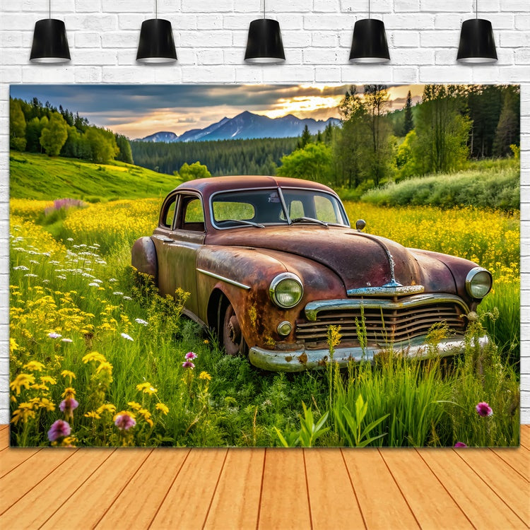 Frühling Fotohintergrund Vintage Auto Lush Meadow Hintergrund LXX2-68