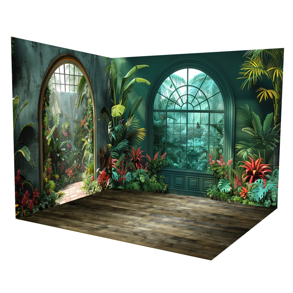 Boho Tropical Gewächshaus Torbogen Fenster Hintergrundkulisse Raumset LXX3-3