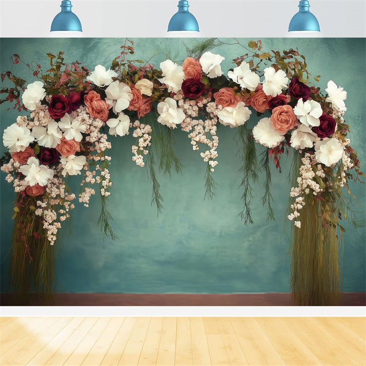 Muttertag Fotokulisse Ideen Blumenbogen Teal Hintergrund LXX3-49
