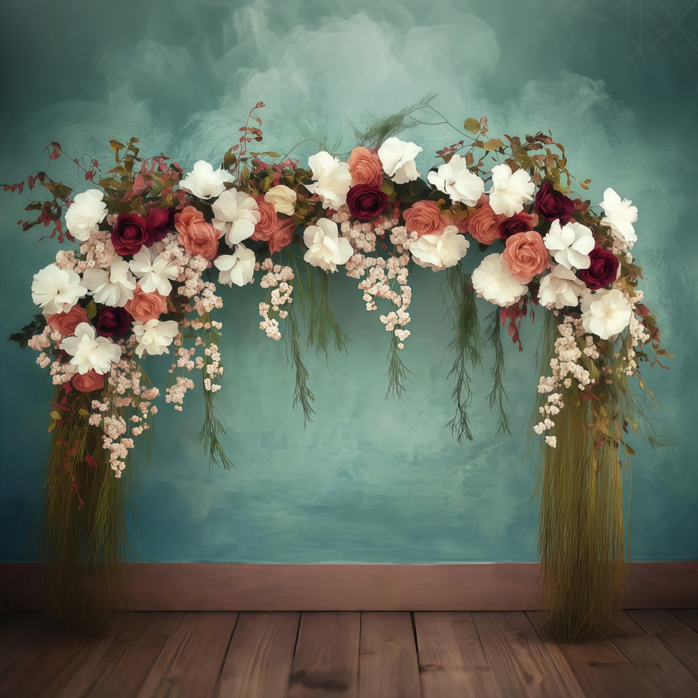 Muttertag Fotokulisse Ideen Blumenbogen Teal Hintergrund LXX3-49
