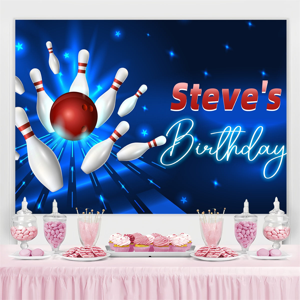 Personalisierte Backdrop für Geburtstag Glühende Bowling Pins Backdrop LXX4-13