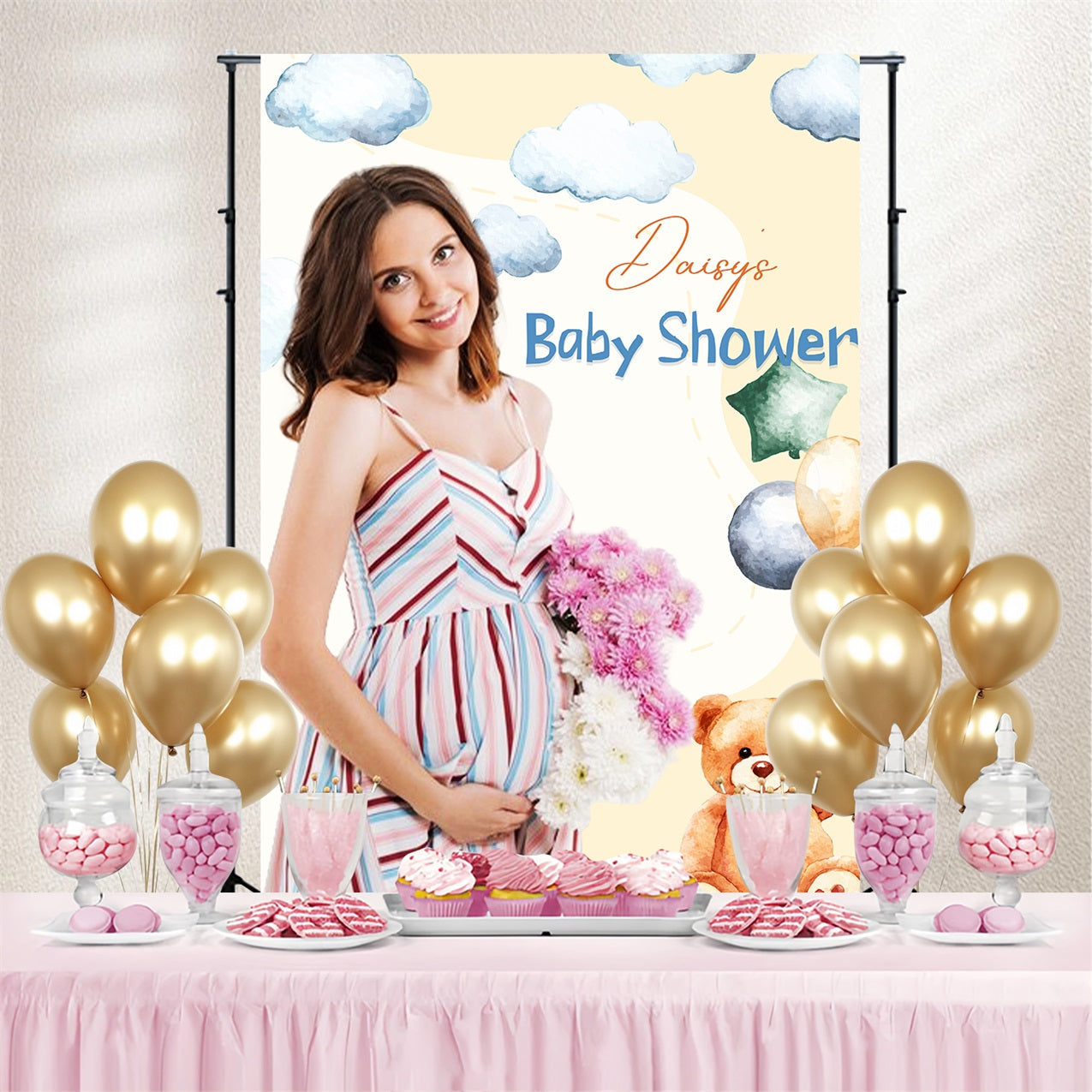 Teddybär Backdrop Baby Shower Schwebende Wolken Ballon Individuelles Backdrop LXX4-187