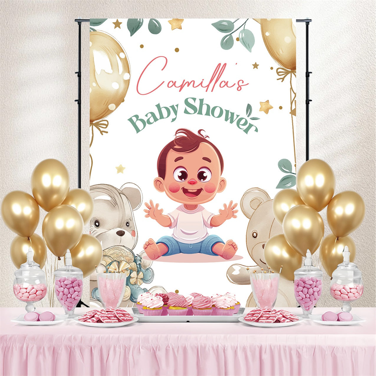 Junge Baby Shower Backdrop Ballon Teddybär Personalisierte Backdrop LXX4-188