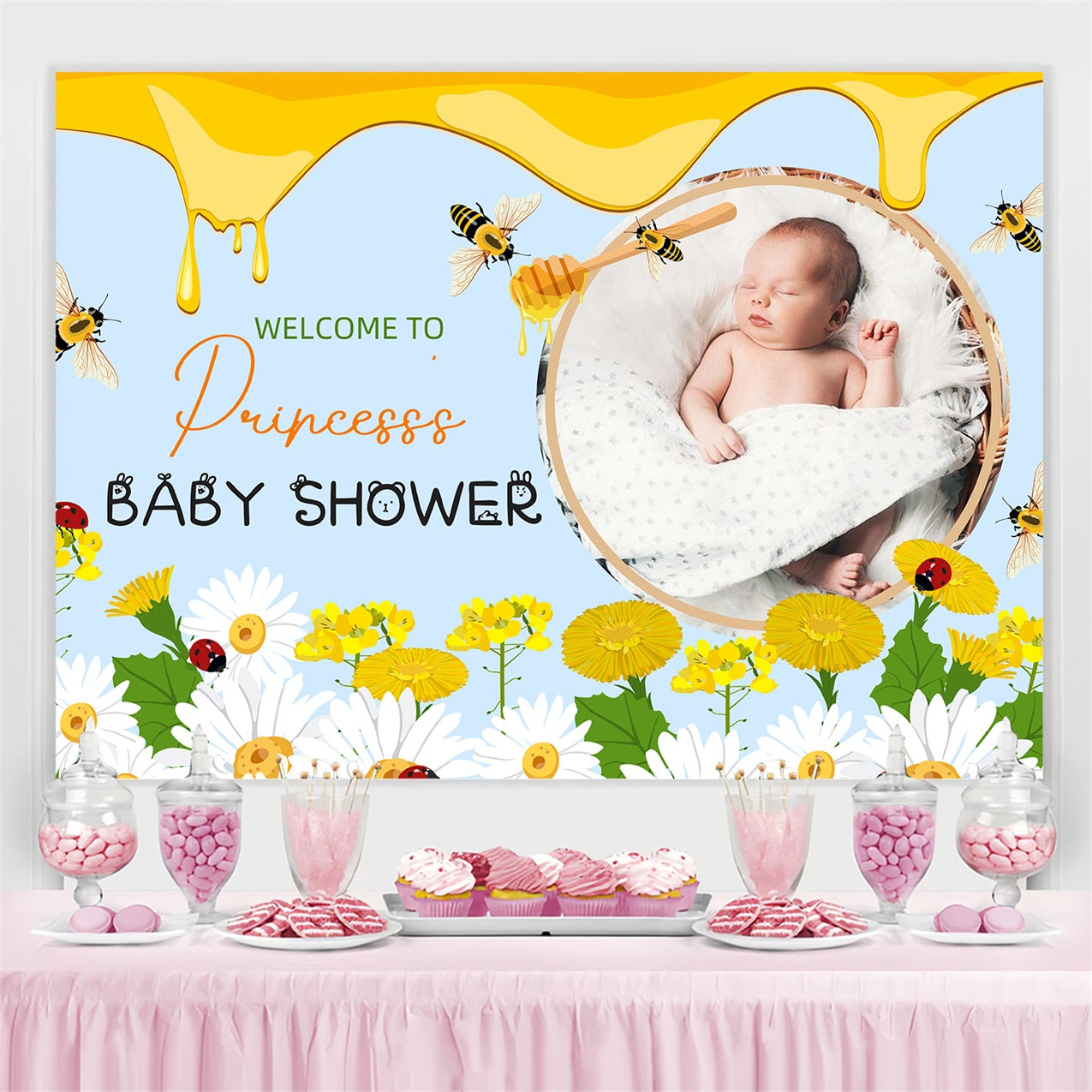 Backdrop für Baby-Girl-Dusche Biene und Blüte Willkommen personalisierte Kulisse LXX4-200