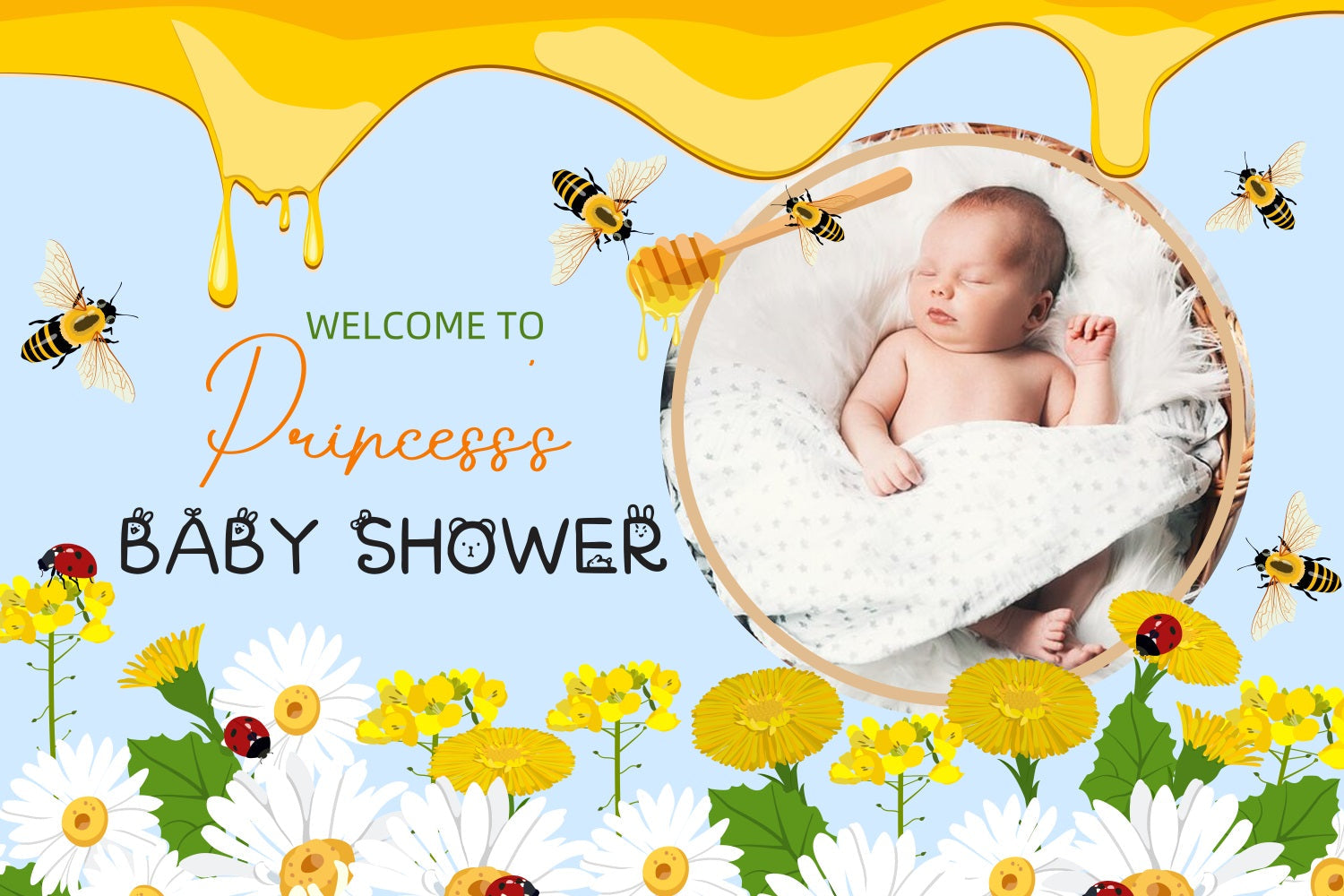 Backdrop für Baby-Girl-Dusche Biene und Blüte Willkommen personalisierte Kulisse LXX4-200