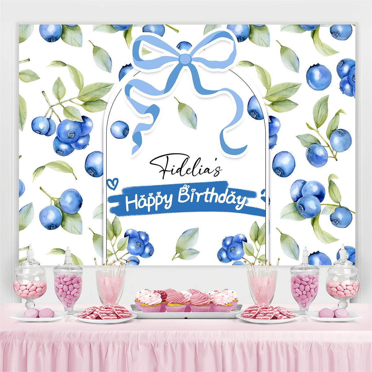 Personalisierte Geburtstagskulisse Blaubeere Blätter Aquarell Hintergrund LXX4-33