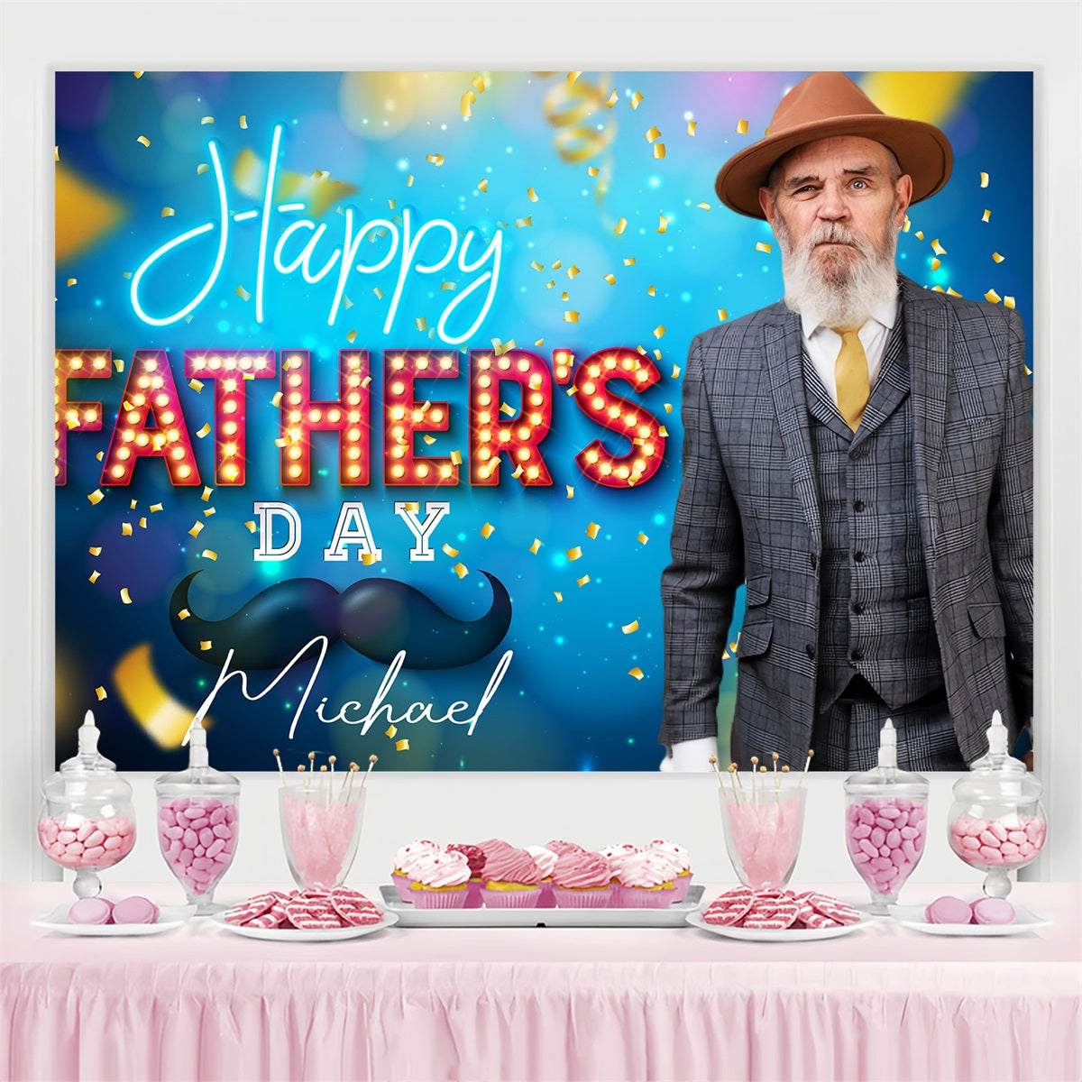 Happy Fathers Day Fotokulisse Neonlicht Konfetti Personalisierte Fotokulisse LXX4-64