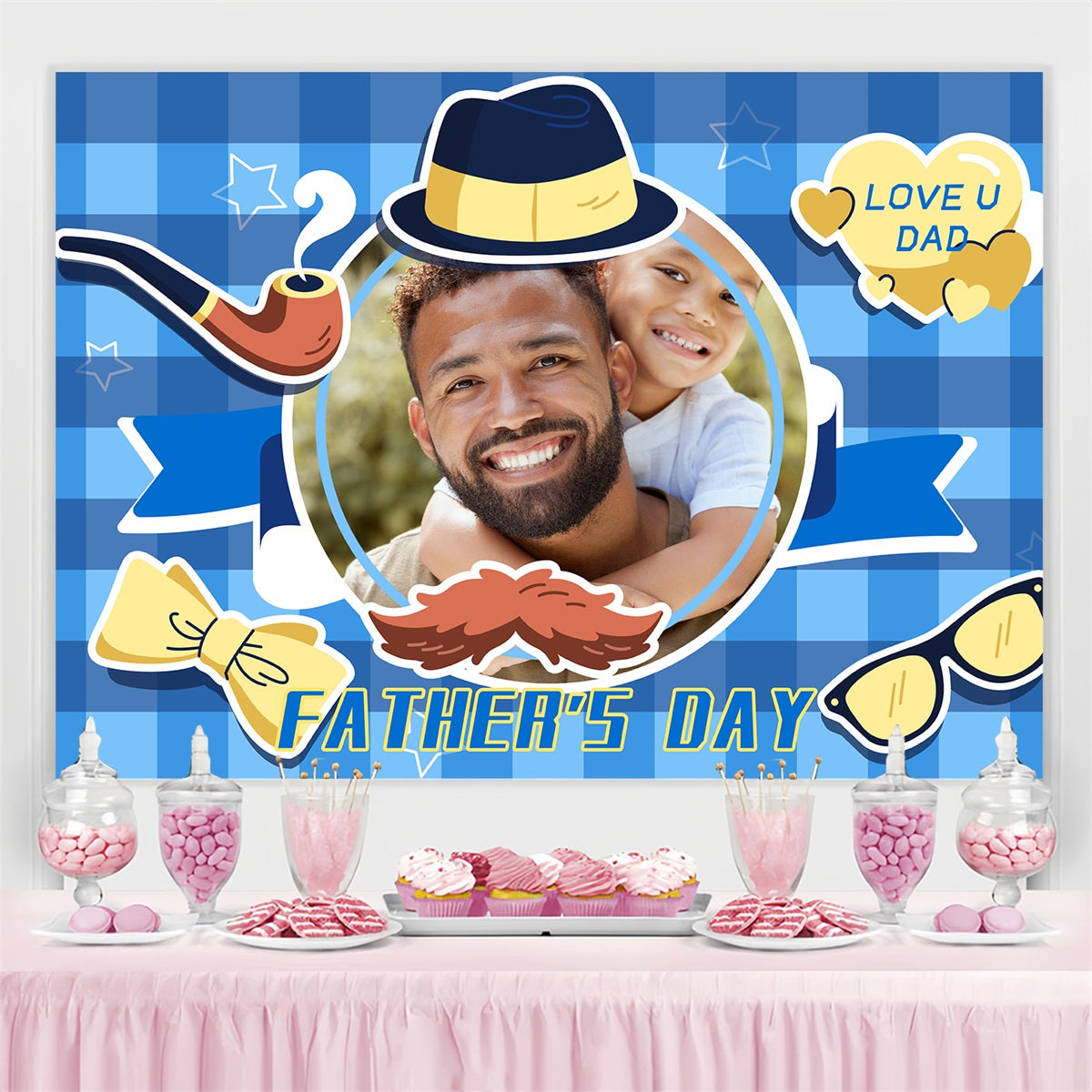 Vatertag Fotokulisse Ideen Blau karierten Hut Personalisierte Kulisse LXX4-86