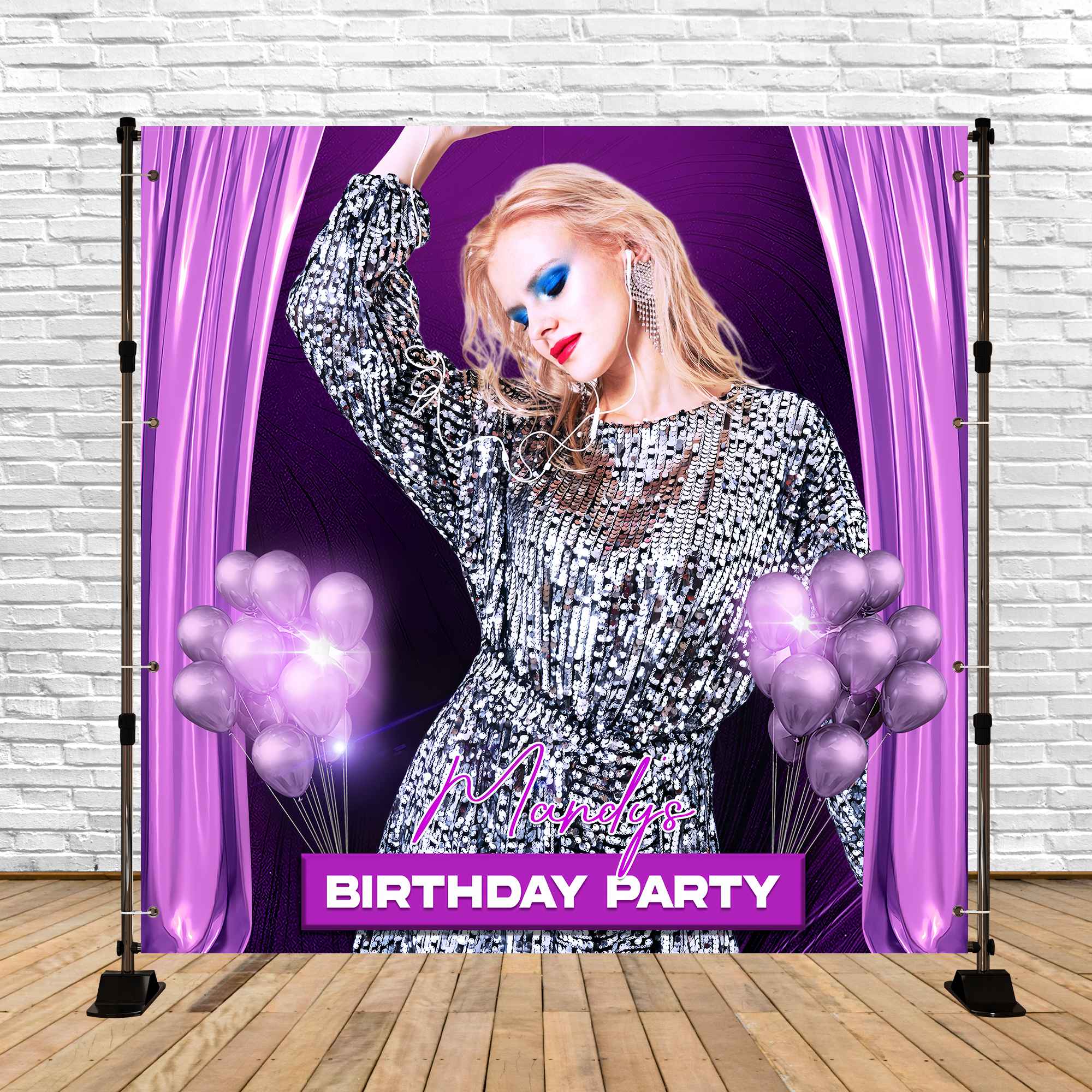 Lila Geburtstag Backdrop Vorhang Luftballons Personalisierte Backdrop LXX5-139
