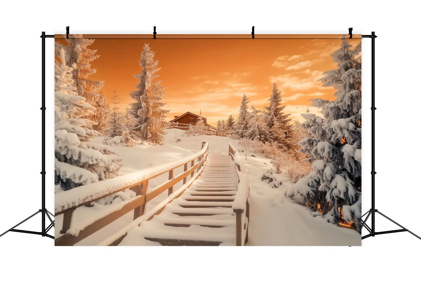 Winterwunderland-Hintergrund Bernsteinfarbene Hütte Frostiger Weg Winterhintergründe LXX510-101