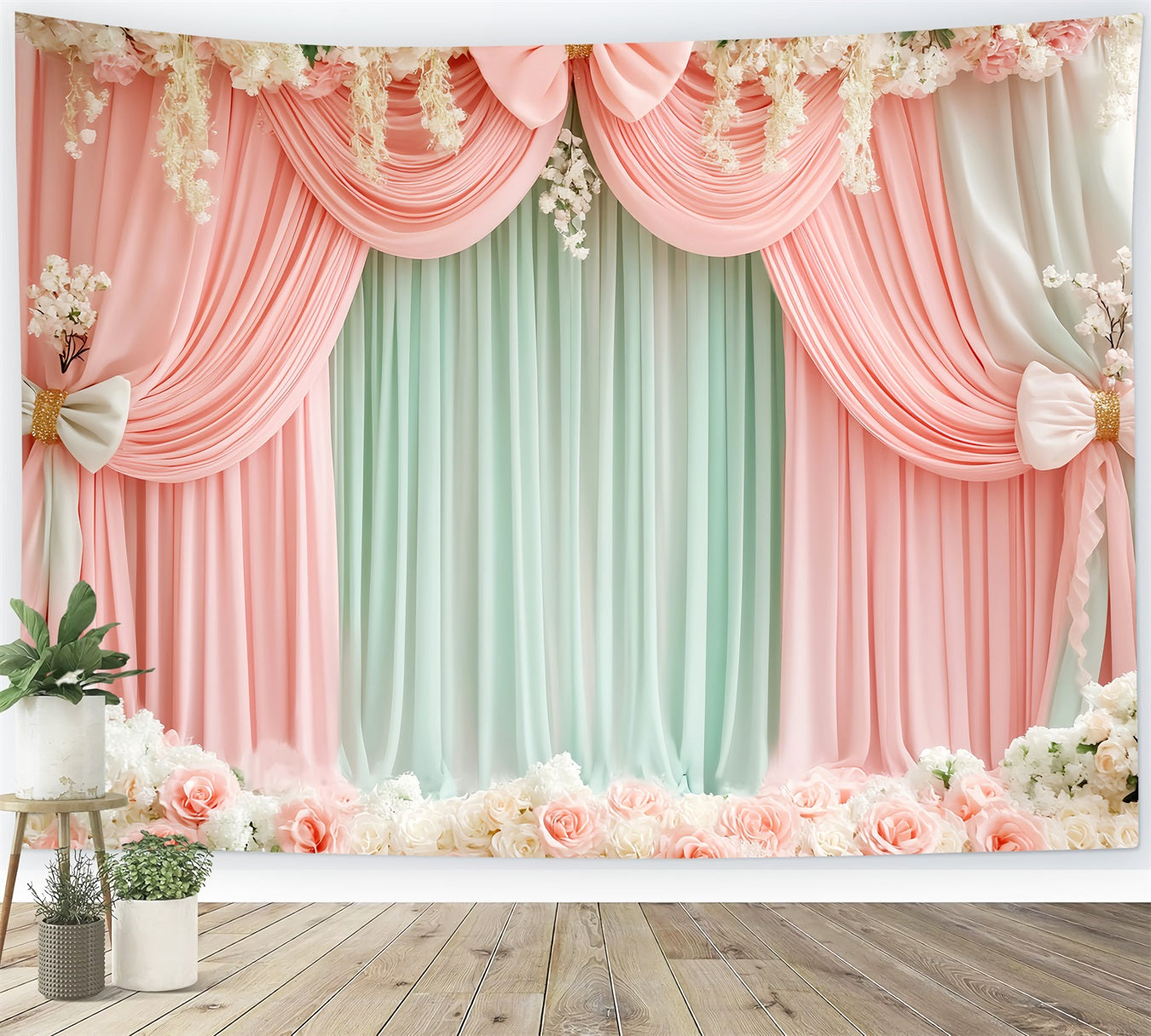 Rosa Schleifen-Hintergrund Blush Mint Floral Drapery Victorian Backdrop LXX510-112