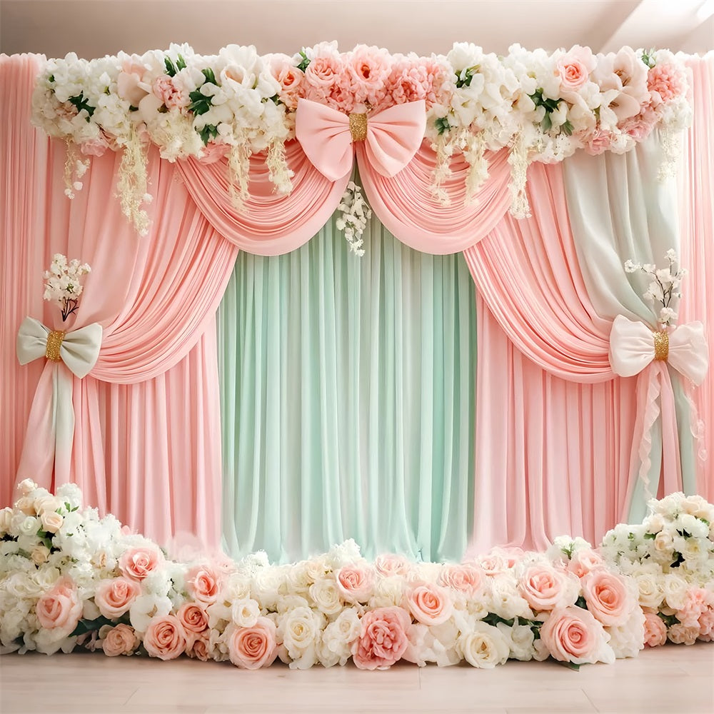 Rosa Schleifen-Hintergrund Blush Mint Floral Drapery Victorian Backdrop LXX510-112