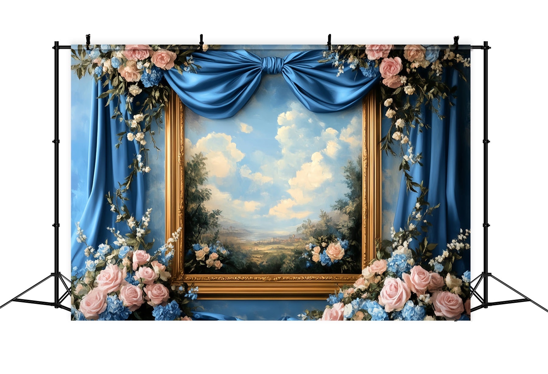 Großer Schleifenhintergrund Blauer Blumenbilderrahmen Viktorianischer Fotohintergrund LXX510-117