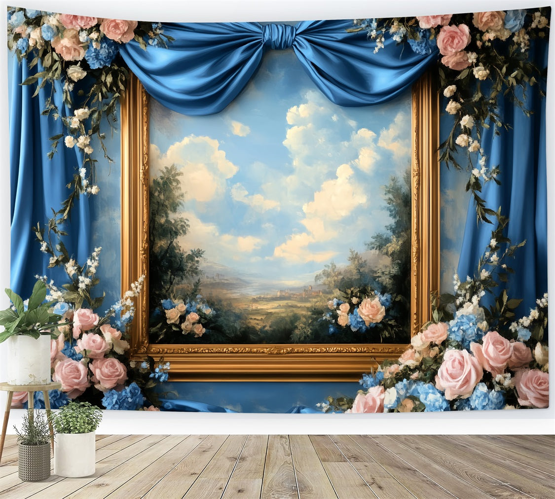 Großer Schleifenhintergrund Blauer Blumenbilderrahmen Viktorianischer Fotohintergrund LXX510-117