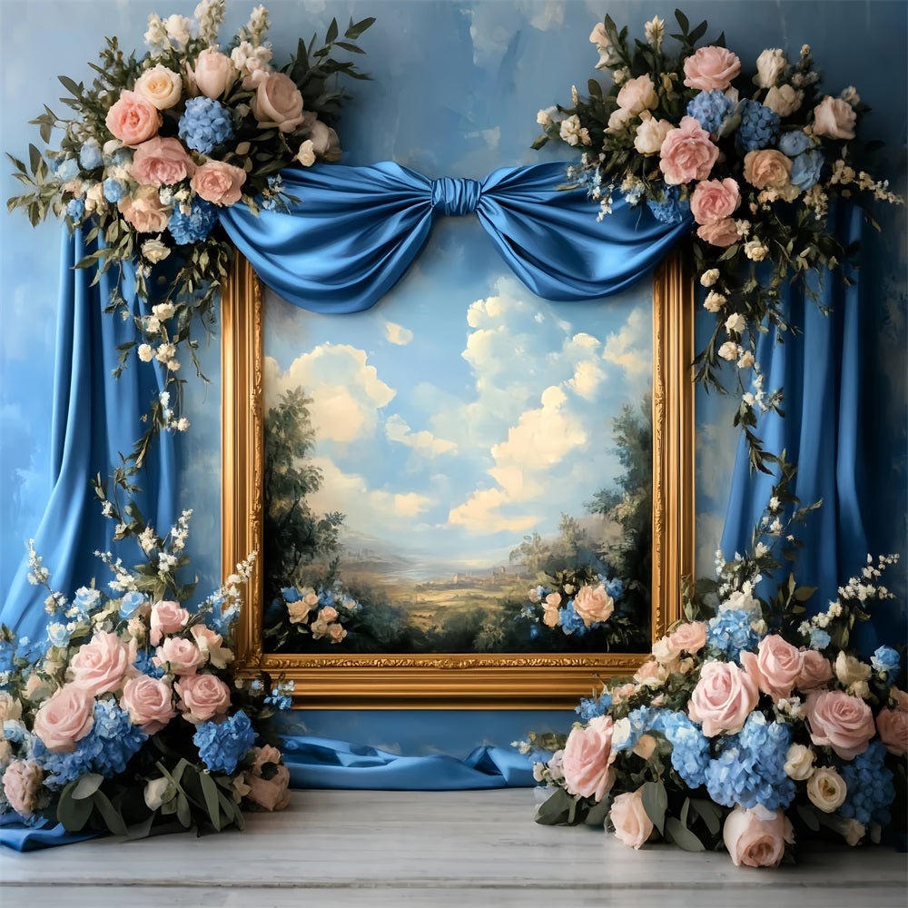 Großer Schleifenhintergrund Blauer Blumenbilderrahmen Viktorianischer Fotohintergrund LXX510-117