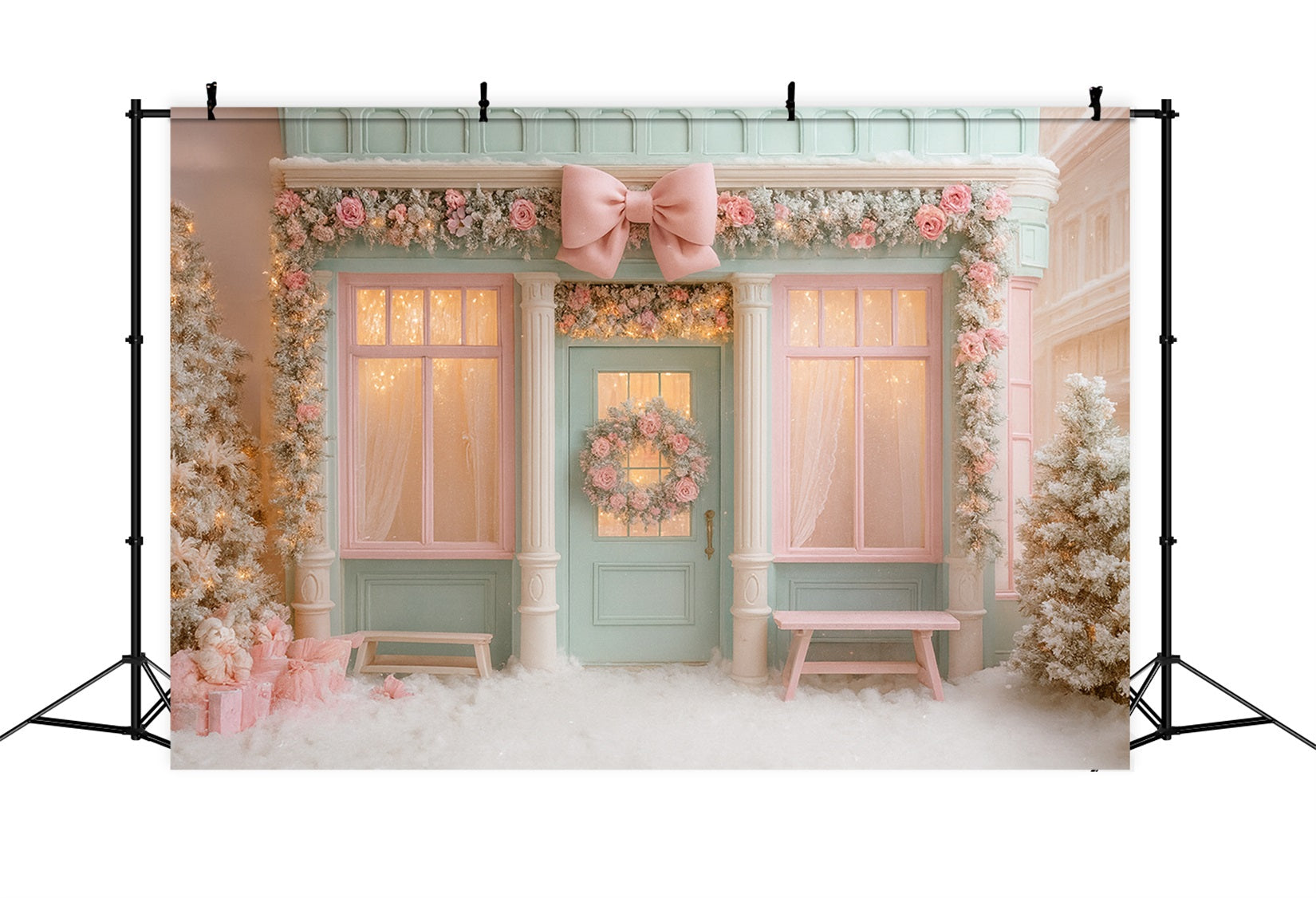 Rosa Schleifen-Hintergrund, pastellfarbene Winterboutique, Tür, Weihnachtsfoto-Hintergrund LXX510-138