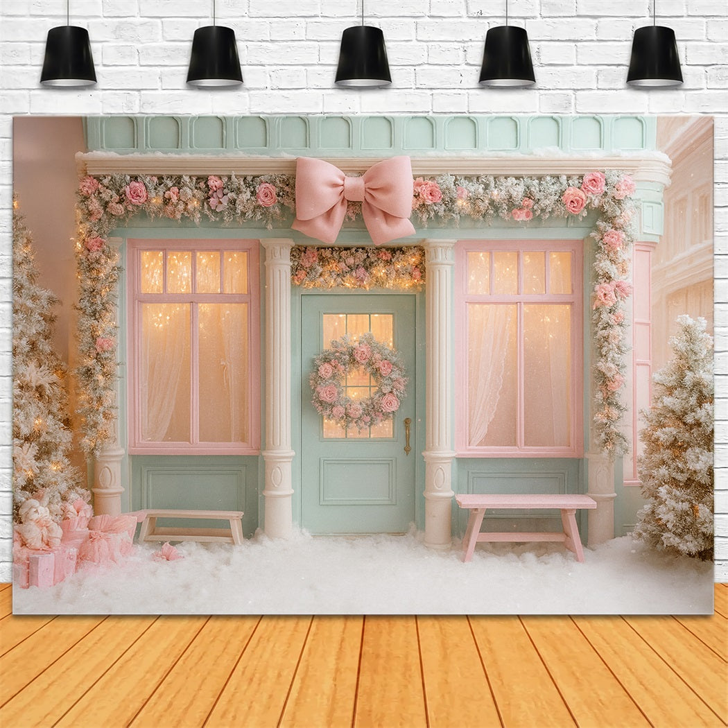 Rosa Schleifen-Hintergrund, pastellfarbene Winterboutique, Tür, Weihnachtsfoto-Hintergrund LXX510-138