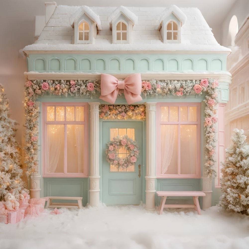 Rosa Schleifen-Hintergrund, pastellfarbene Winterboutique, Tür, Weihnachtsfoto-Hintergrund LXX510-138