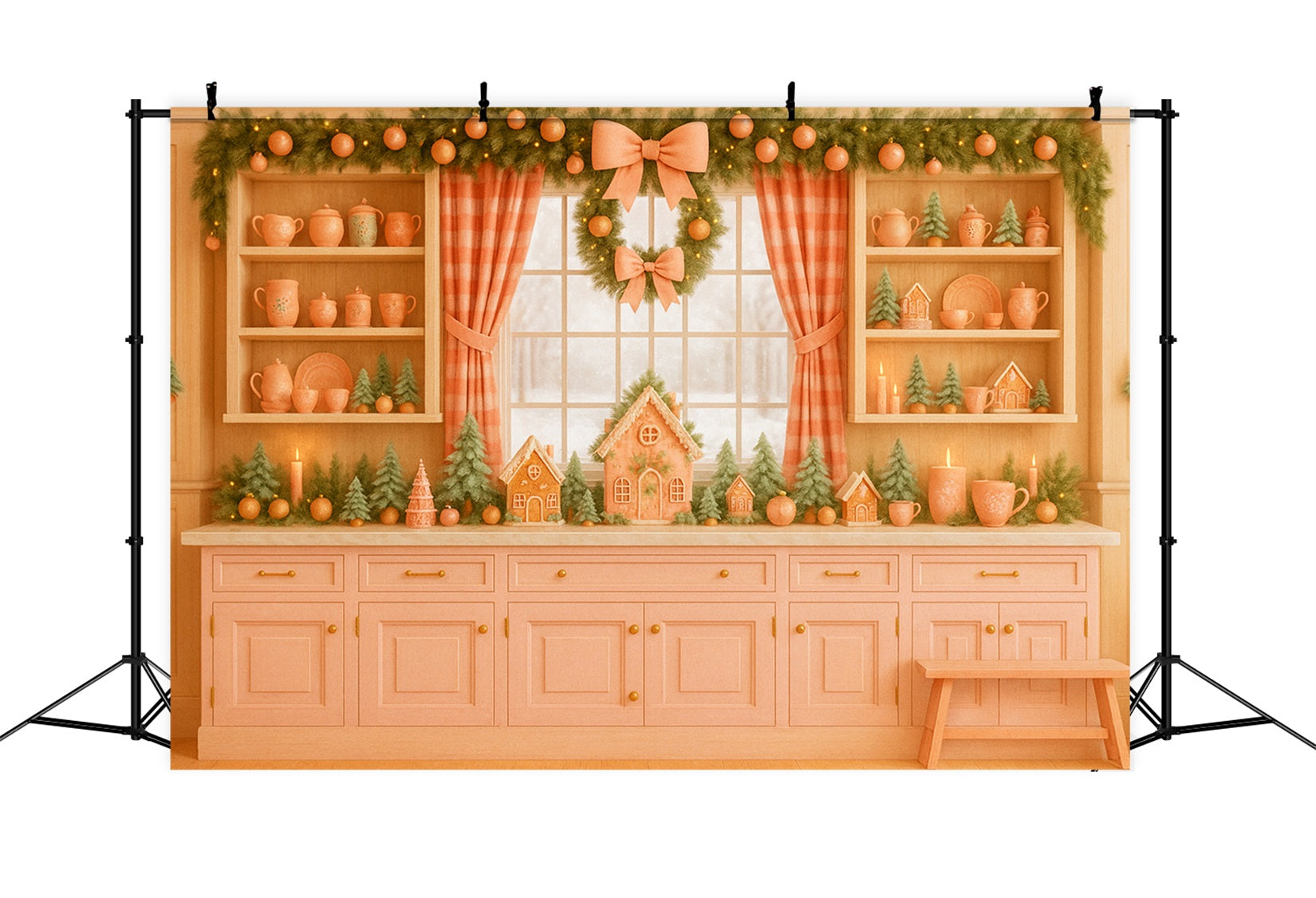 Rosa Schleifen-Hintergrund, Lebkuchen-Küche, Feiertags-Charme, Weihnachts-Hintergrund LXX510-139