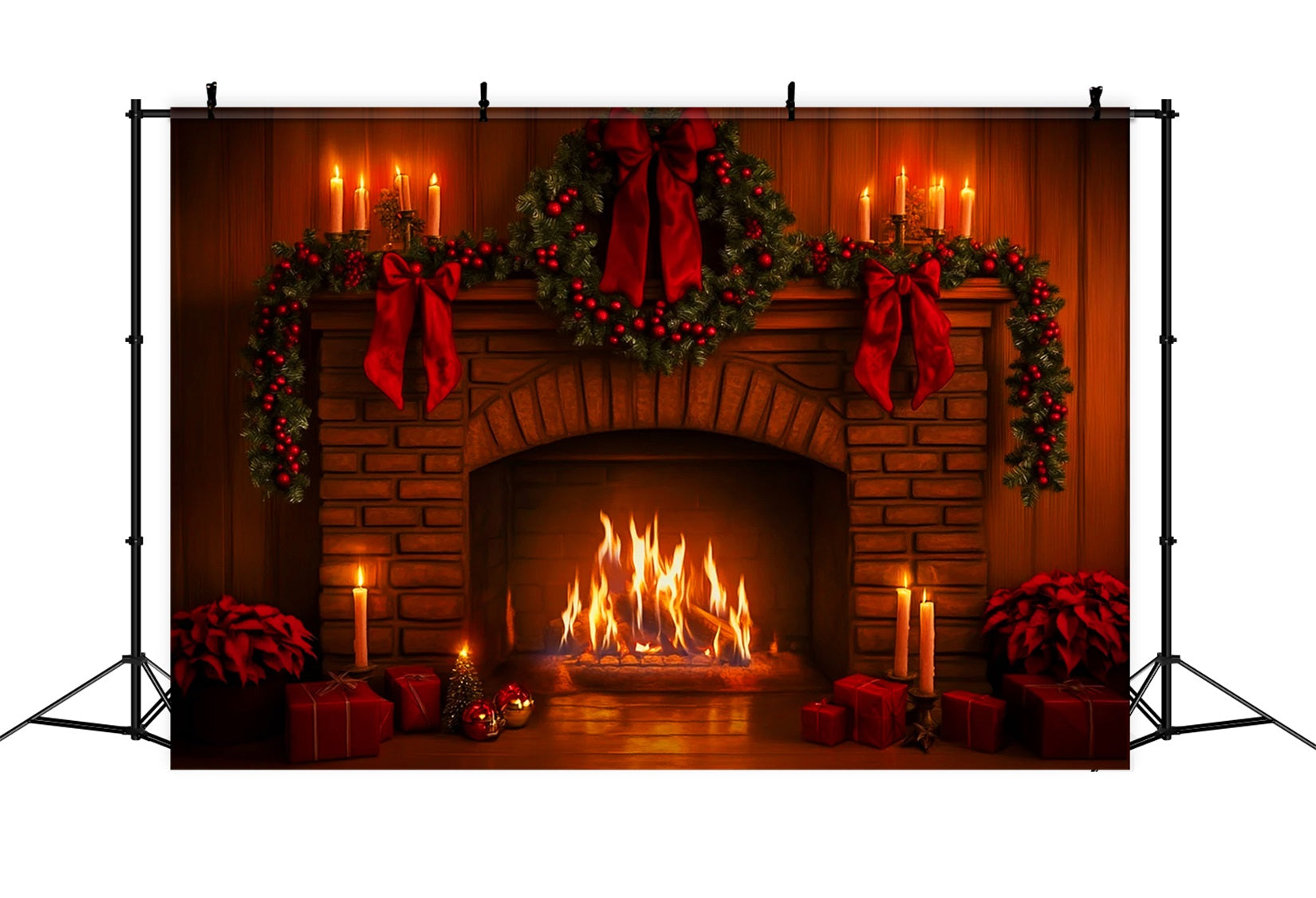 Hintergrund mit rosa Schleife, roter Girlande, Kaminfeuer und Weihnachtsfoto-Hintergrund LXX510-140