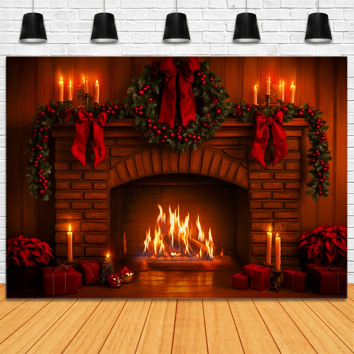 Hintergrund mit rosa Schleife, roter Girlande, Kaminfeuer und Weihnachtsfoto-Hintergrund LXX510-140