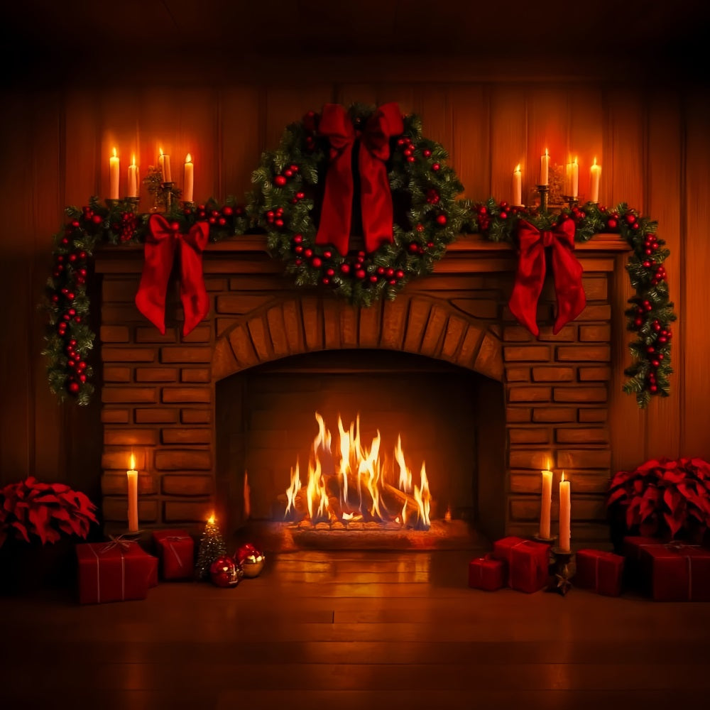 Hintergrund mit rosa Schleife, roter Girlande, Kaminfeuer und Weihnachtsfoto-Hintergrund LXX510-140