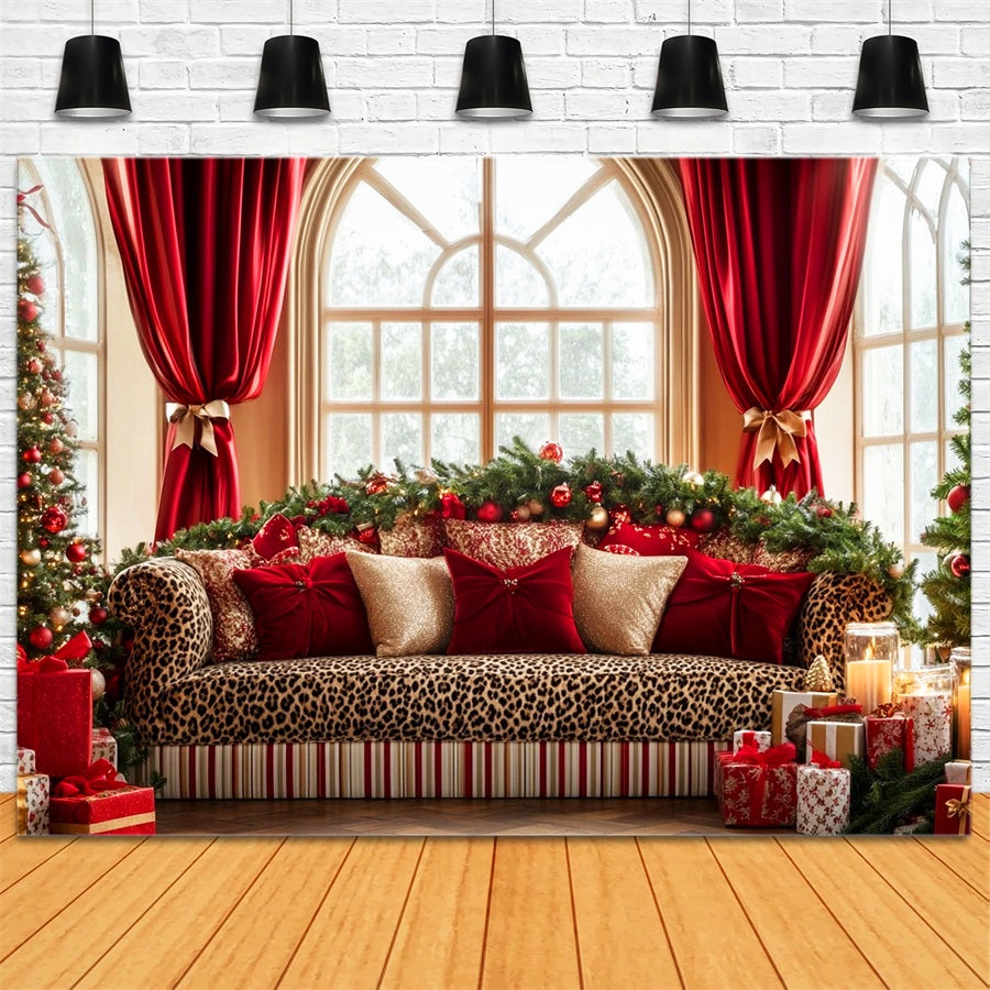 Hintergrund mit großer Schleife, Leoparden-Sofa, festlicher Eleganz und Weihnachts-Hintergrund LXX510-141