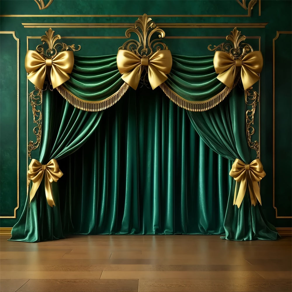 Hintergrund mit Schleife, smaragdgrünem Vorhang, goldenem Glamour und Weihnachtsfoto-Hintergrund LXX510-142