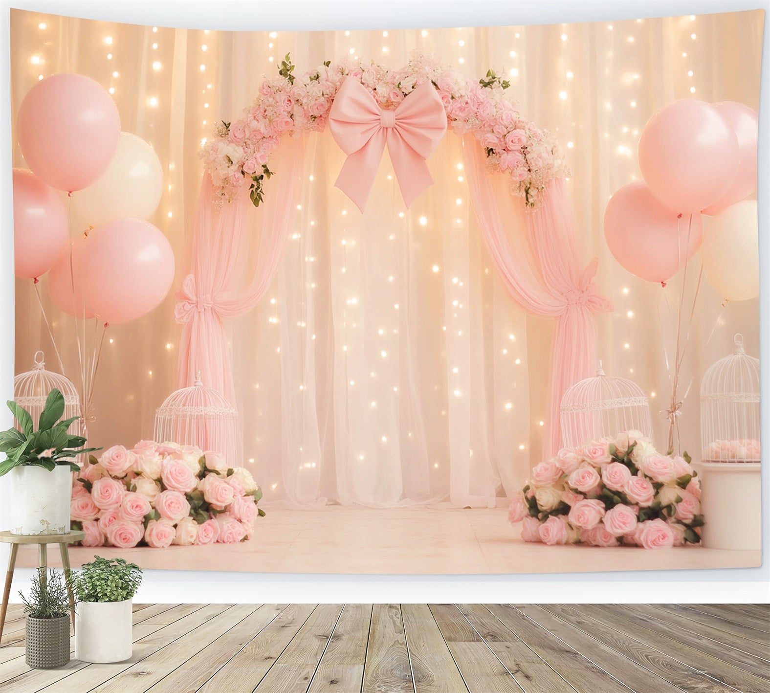 Bogen-Hintergrund Blumendrapiertes Band Charmanter Hochzeitshintergrund LXX510-146