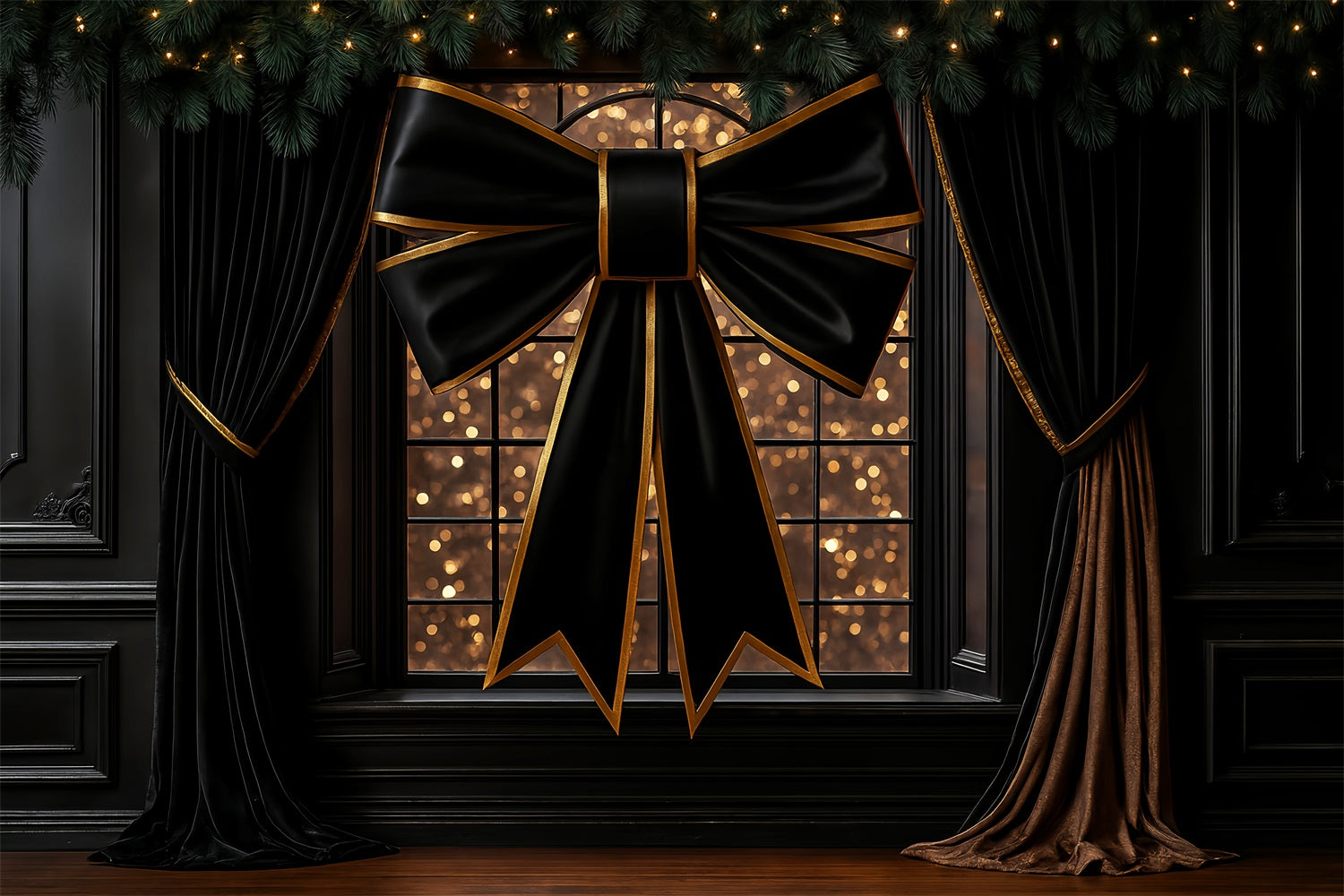 Große Schleife als Hintergrund Elegantes Schwarz-Gold Fenster Weihnachtsfoto-Hintergrund LXX510-156