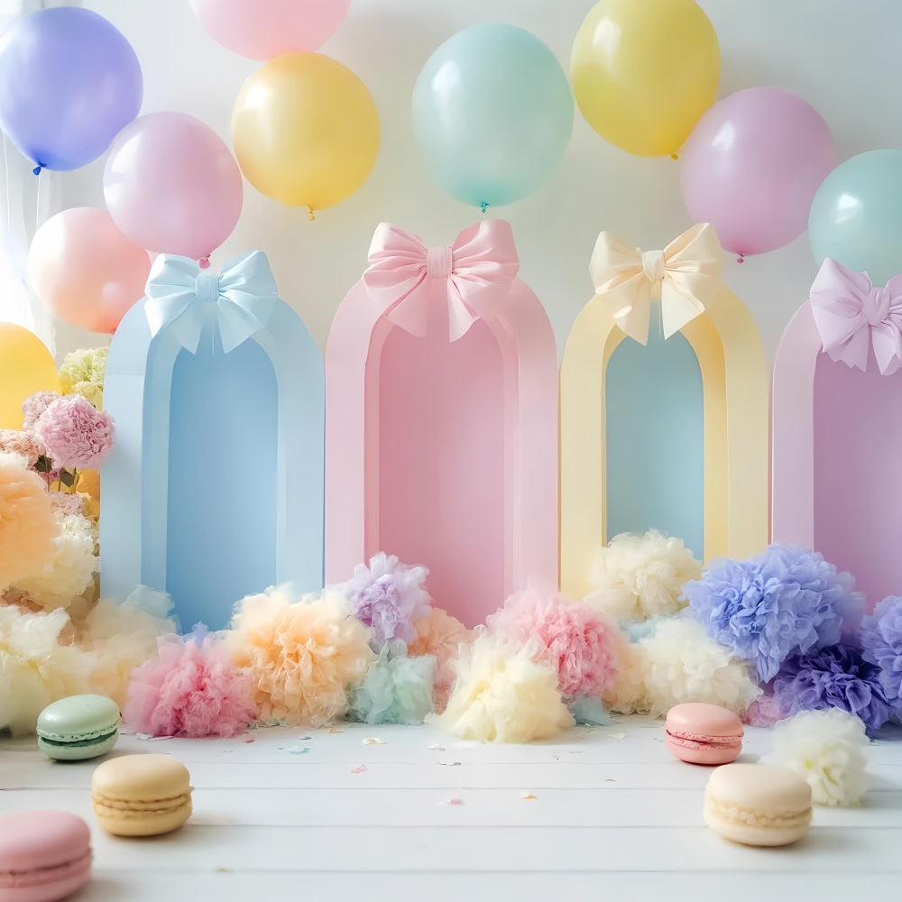 Hintergrund mit Schleifen Pastellfarbene Luftballons Bunte Bögen Cake Smash Geburtstag LXX510-163