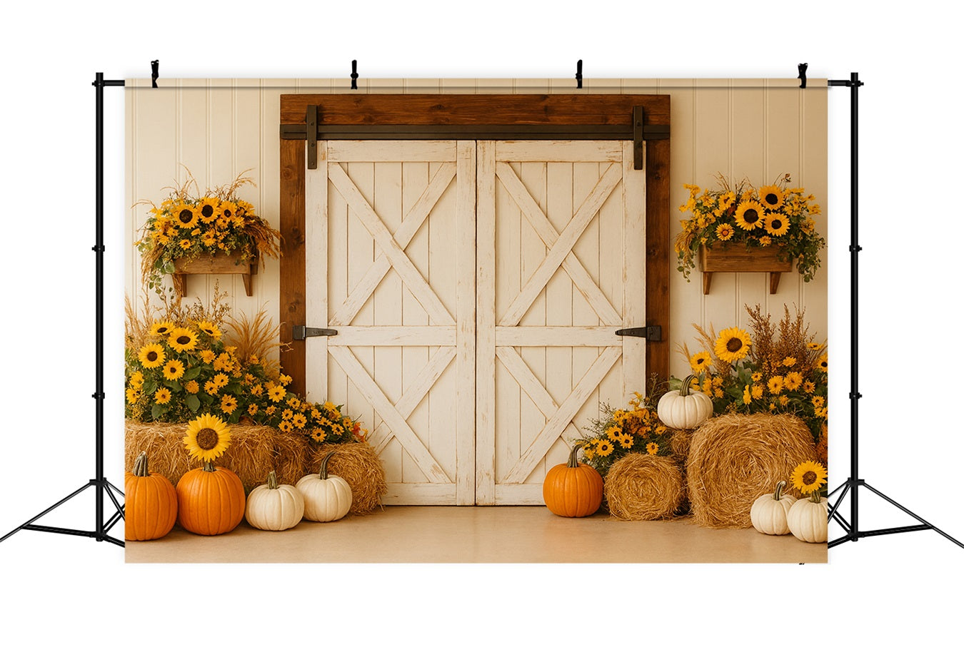 K¨¹rbis-Hintergrund Rustikale Scheune Sonnenblumenernte Thanksgiving-Hintergrund LXX510-18
