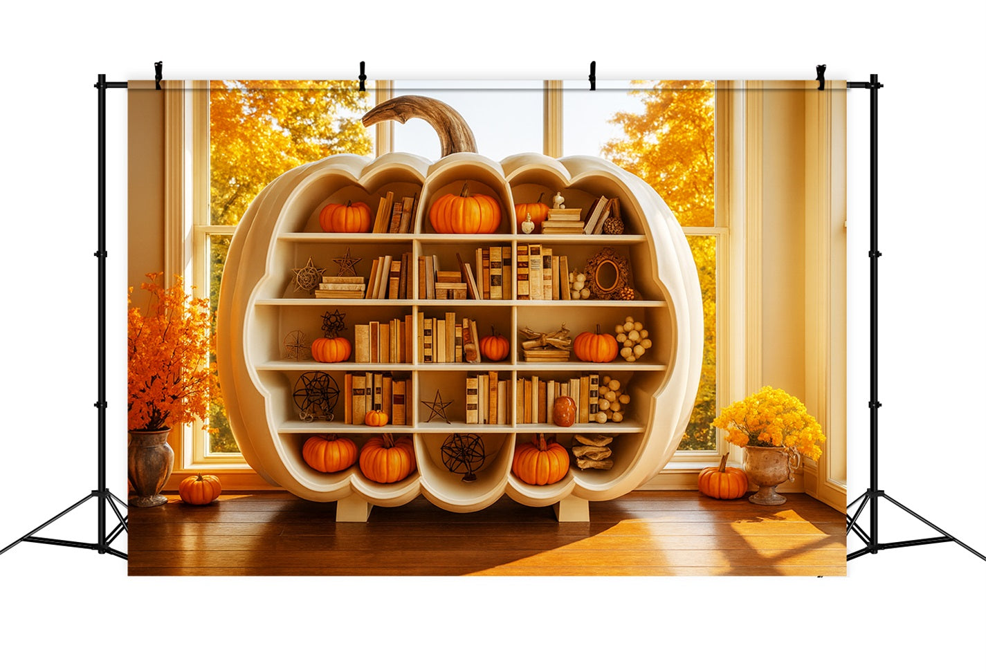 K¨¹rbis-Fotohintergrund B¨¹cherregal Herbstgl¨¹hen Thanksgiving-Fotohintergr¨¹nde LXX510-22