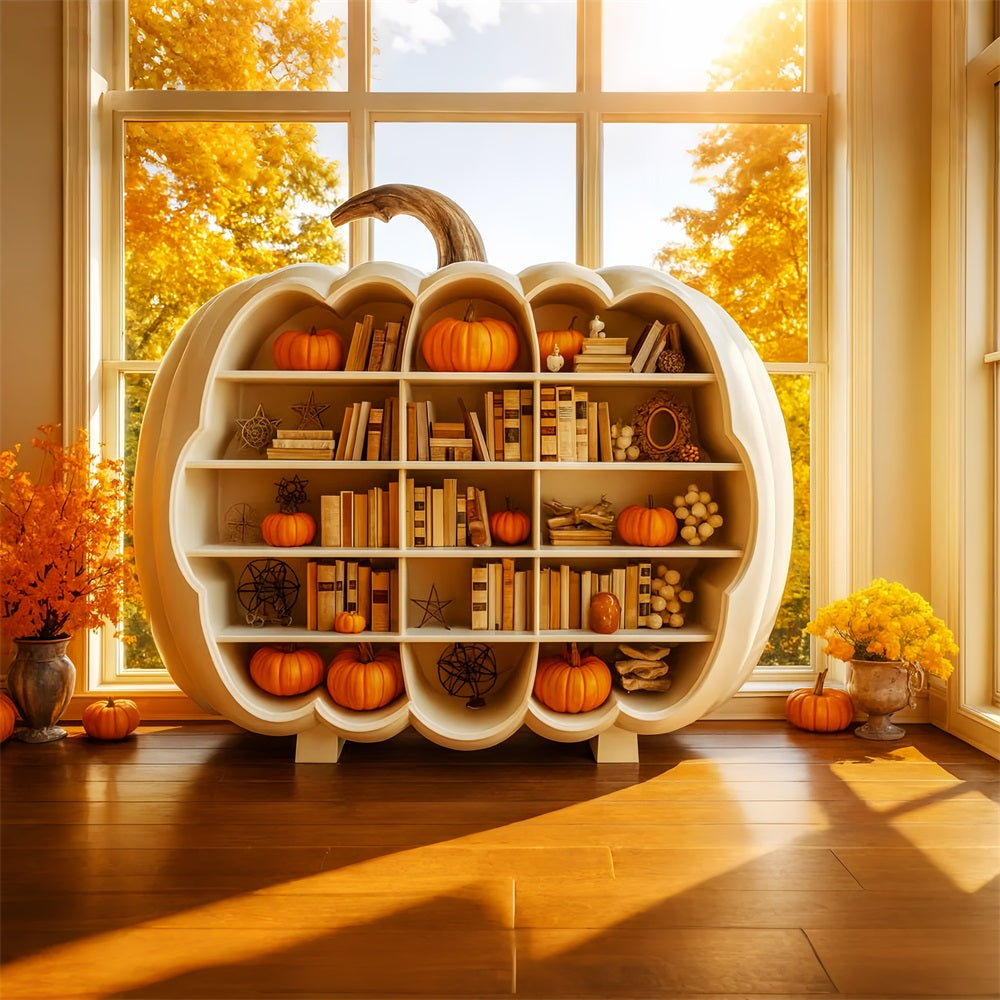 K¨¹rbis-Fotohintergrund B¨¹cherregal Herbstgl¨¹hen Thanksgiving-Fotohintergr¨¹nde LXX510-22