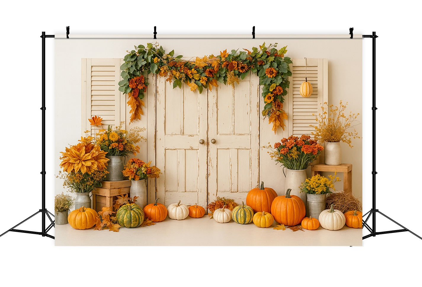 K¨¹rbis-Hintergrund Vintage-T¨¹r Herbstblumen Thanksgiving-Fotohintergrund LXX510-25