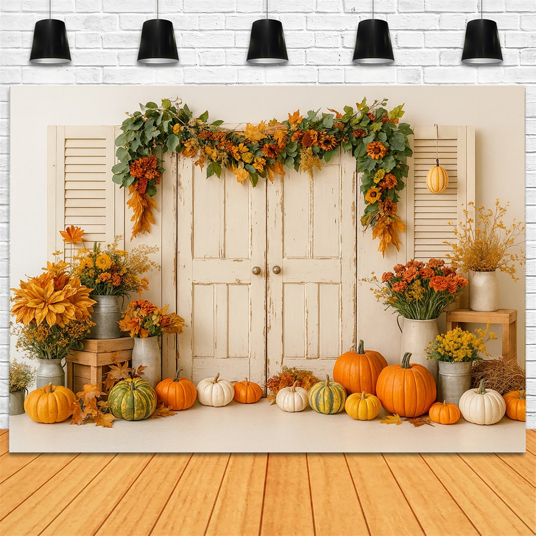 K¨¹rbis-Hintergrund Vintage-T¨¹r Herbstblumen Thanksgiving-Fotohintergrund LXX510-25
