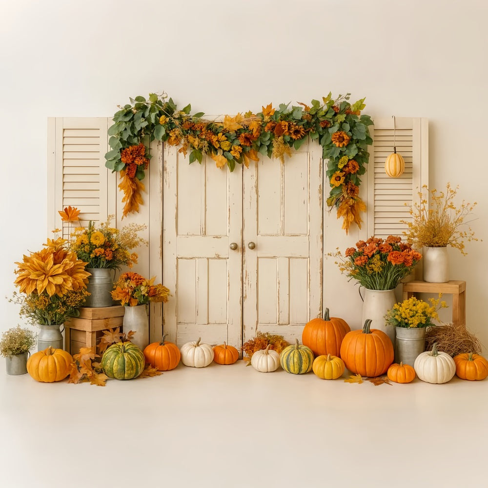 K¨¹rbis-Hintergrund Vintage-T¨¹r Herbstblumen Thanksgiving-Fotohintergrund LXX510-25