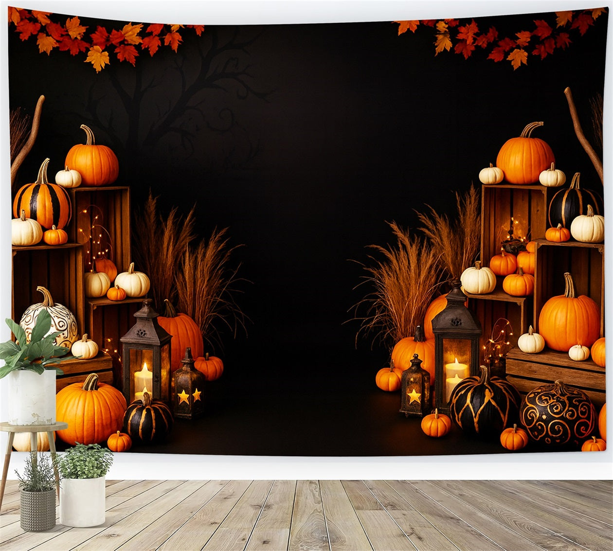 Bauernhof-Hintergrund Goldener Ahorn Laternenlicht Thanksgiving-Fotohintergrund LXX510-31