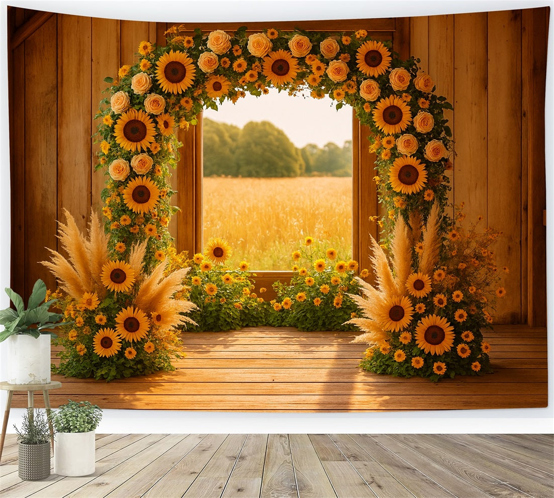 Herbst-Hintergrund Sonnenblumenbogen Rustikale Scheune Ideen f¨¹r Thanksgiving-Hintergr¨¹nde LXX510-33
